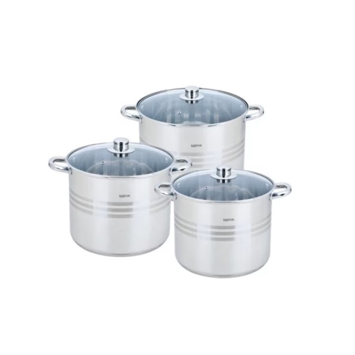 Set pentru gatit cu 6 piese, oale din inox, capace din sticla, capacitate 4.3l, 5.6l, 7.2 l - Img 1