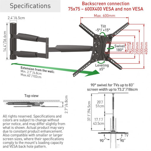 Suport TV Perete Barkan 13&quot;-83&quot;, 50kg - Img 5