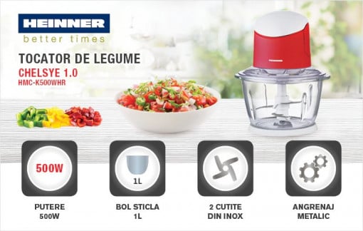 Tocator de legume, Heinner HMC-K500WHR, bol sticla 1l, angrenaj metalic, Putere 500W - Img 2