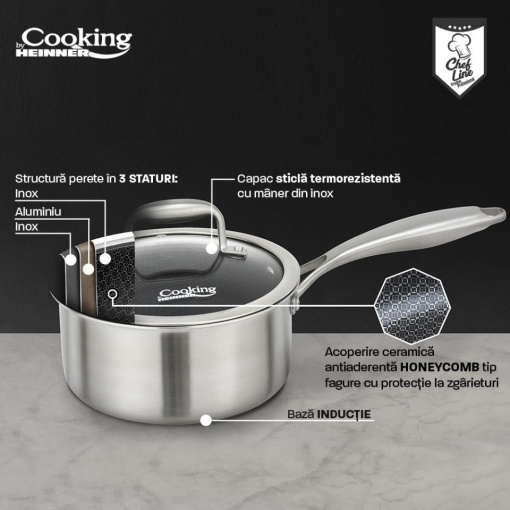 Caserola din inox cu capac, acoperire ceramica HONEYCOMB, dimensiune 16x8.5 cm, 1.6 l, Heinner Titanium MRK-16 - Img 2
