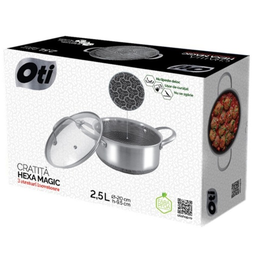 Cratita otel cu capac, dimensiune 20x9.5 cm, capacitate 2.5 l, acoperire antiaderenta rezistenta la zgarieturi, Oti HEXA MAGIC - Img 2