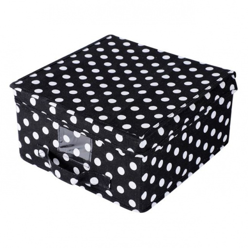 Cutie pliabila cu capac pentru depozitare, dimensiune 30 x 30 x 16 cm, Neagra cu buline albe