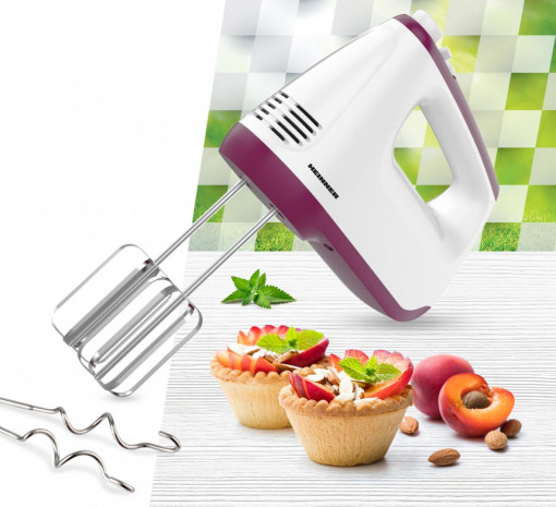 Mixer de mana Heinner HM-400BG, putere: 400w, 2 teluri si 2 carlige din inox, 6 viteze + turbo, self stand, alb/burgundy - Img 3