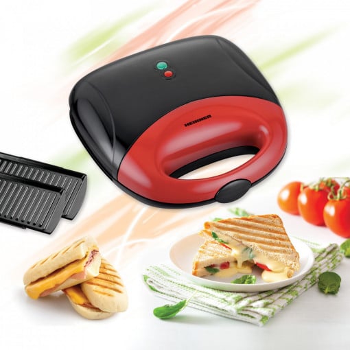 Sandwich maker Heinner SM-700BKR, 750 W, placi antiaderente fixe tip grill, 2 sandwich-uri, Negru/Rosu - Img 3