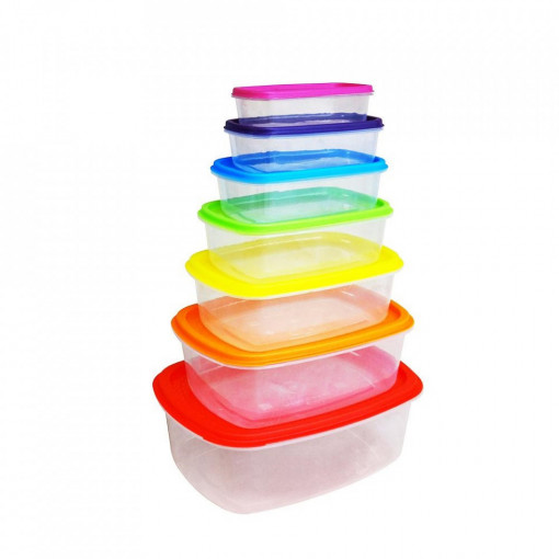 Set 7 caserole alimentare dreptunghiulare cu capac, Vanora VN-PW-7PC411, Plastic, Multicolor