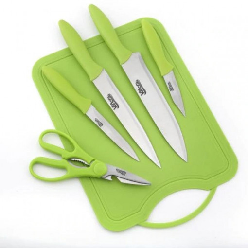 Set bucatarie cu 6 piese, Vanora VN-GL-6PCS, 4 cutite, 1 foarfeca si 1 tocator, Verde