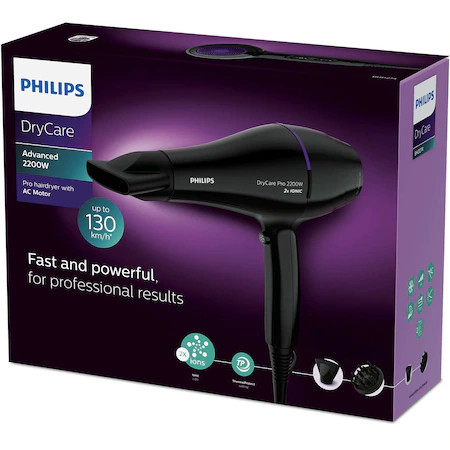 Uscator de par Philips BHD274/00, 2200W, tehnologie Thermo Protect, motor CA, 6 setari de viteza/temperatura, ingrijire cu ioni, concentrator, difuzor de volum, Negru - Img 7