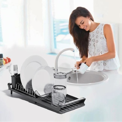 Uscator de vase extensibil din plastic, dimensiune 19x28-47x12 cm, Negru - Img 2