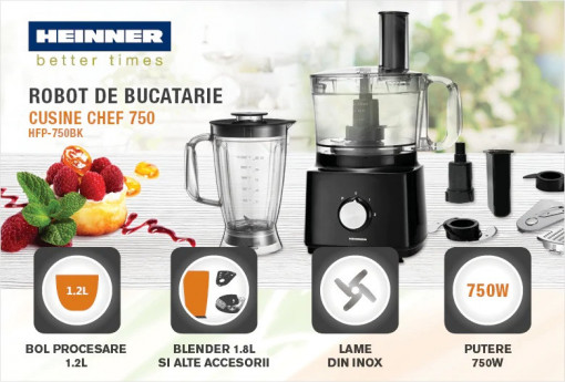 Robot de bucatarie, Heinner HFP-750BK, 750 W, Bol 1.2 l, Blender 1.8 L - Img 5