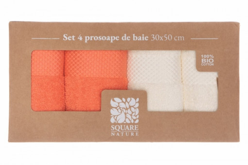 Set 4 prosoape de baie, bumbac organic 100%, 30x50 cm, Coral/Crem - Img 5