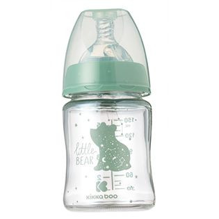 Biberon din Sticla cu Tetina din Silicon, Verde Menta, 150ml, Ursulet Kikka Boo - Img 1