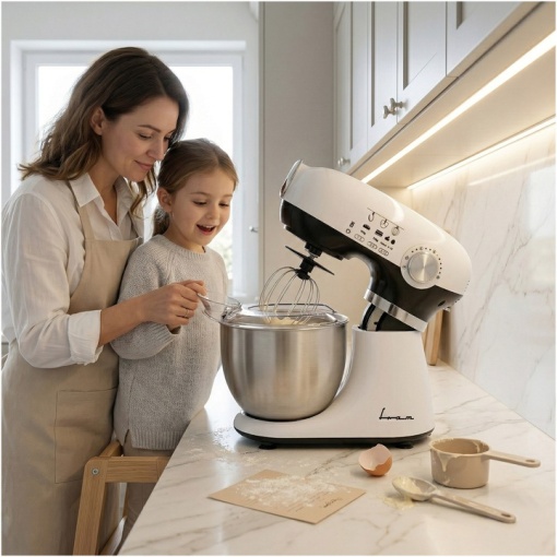 Mixer planetar Fram FPM-D1010WHBK, 1000 W, Bol inox 5 l, Angrenaj metalic, 12 viteze + pulse, Alb/Negru - Img 3