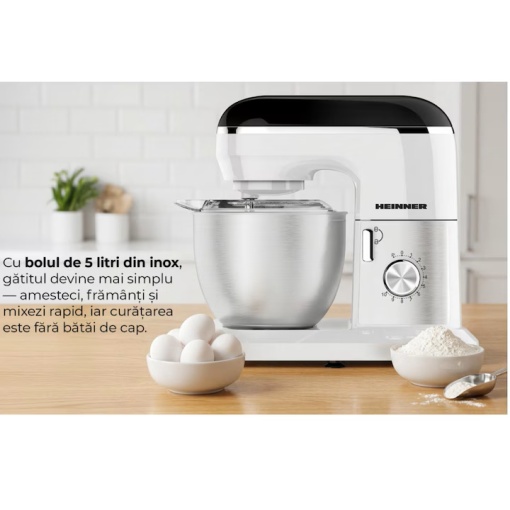 Mixer planetar Heinner HPM-1010WHBK, 1000 W, Bol inox 5 l, 10 viteze + pulse - Img 4