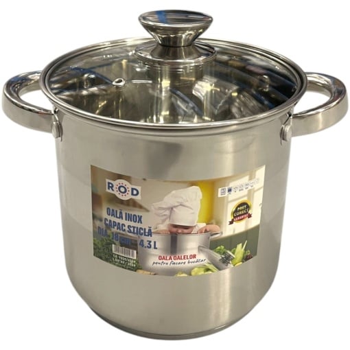 Oala inalta inox cu capac, capacitate 4.3l, diametru 18 cm, fund dublu, baza inductie, ROD 19268