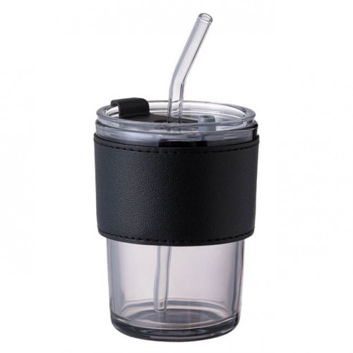 Pahar din sticla si pai cu suport din piele artificiala, 350 ml, 9x12.5 cm, Transparent - Img 1