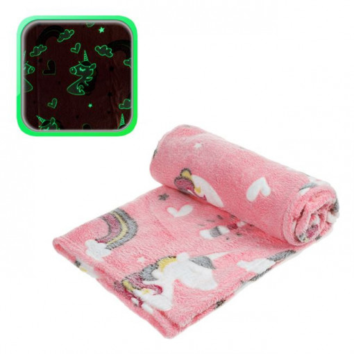 Patura moale Fluorescenta pentru bebe, dimensiune 140x100cm, Unicorn Roz - Img 1