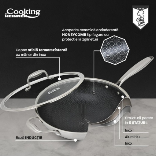 Tigaie WOK din inox cu capac, acoperire ceramica HONEYCOMB, dimensiune 30x8.5 cm, 4.5 l, Heinner Titanium HR-MRK-28W - Img 7