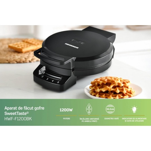 Aparat de facut gofre Heinner HWF-F1200BK, 1200 W, invelis antiaderent, termostat ajustabil, Negru - Img 4
