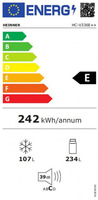 Combina frigorifica Heinner HC-V336E++, 336 l, Tehnologie less frost, Iluminare LED, Control mecanic cu termostat ajustabil, Clasa E, H 186 cm, Alb - Img 7