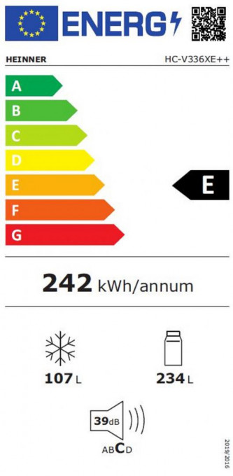 Combina frigorifica Heinner HC-V336XE++, 336 l, Tehnologie less frost, Iluminare LED, Control mecanic, Termostat ajustabil, Clasa E, H 186 cm, Argintiu - Img 5