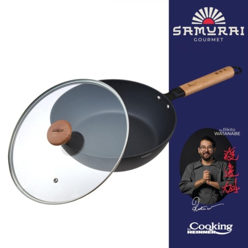 Tigaie profesionala Wok cu capac, dimensiune 24x7.5 cm, acoperire antiaderenta, by Chef Rikito Watanabe