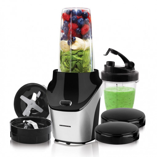 Blender sport Heinner Vitamiser 1000 HSB-T1000SS, 1000W, recipiente Tritan fara BPA 1/0.45L, rasnita inclusa, buton ON/OFF, 18000RPM, lame din inox, 2 capace suplimentare, carcasa din inox, argintiu/negru - Img 3