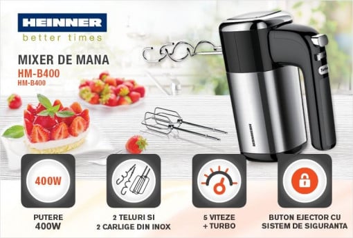 Mixer de mana Heinner HM-B400 400 W, 5 trepte de viteza, Turbo, teluri si carlige din inox, Negru/Argintiu - Img 2