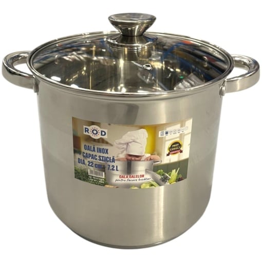 Oala inalta inox cu capac, capacitate 7.2 l, diametru 22cm, fund dublu, baza inductie, ROD 19270