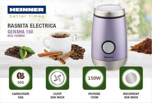 Rasnita electrica Heinner HCG-150MOV, 150 W, inox, capacitate 50g, Mov - Img 3