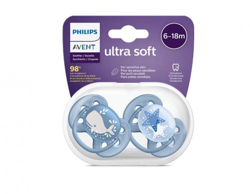 Set 2 suzete Philips-AVENT Ultra Soft SCF223/03, ultramoale si flexibila, pentru pielea sensibila a bebelusului, ortodontica, 6-18 luni, Albastru - Img 1