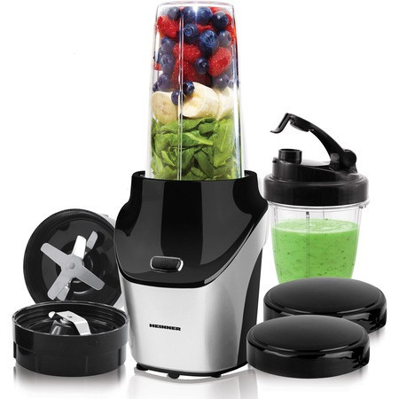 Blender sport Heinner Vitamiser 1000 HSB-T1000SS, 1000W, recipiente Tritan fara BPA 1/0.45L, rasnita inclusa, buton ON/OFF, 18000RPM, lame din inox, 2 capace suplimentare, carcasa din inox, argintiu/negru - Img 1