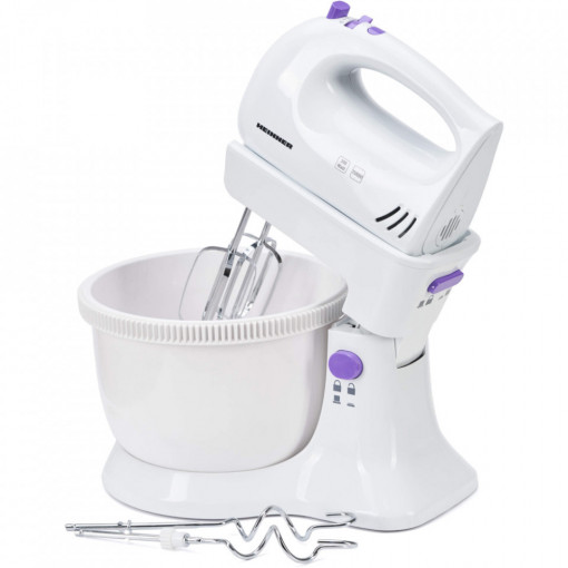 Mixer cu bol Heinner HMB-350UV, 300 W, Capacitate 2.5 l, 5 viteze, Alb/Violet