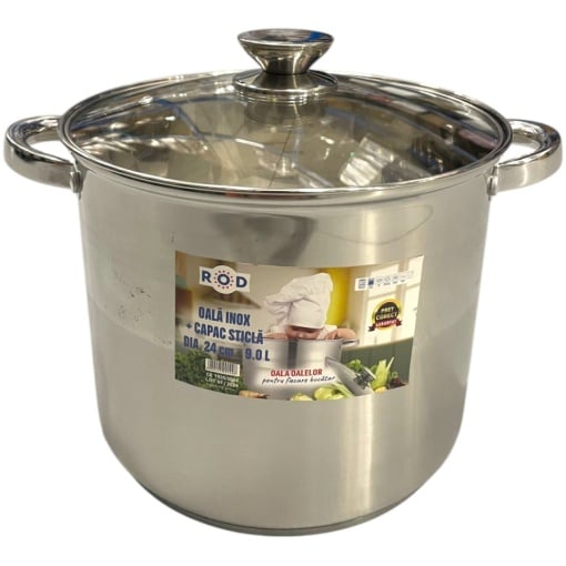 Oala inalta inox cu capac, capacitate 9 l, diametru 24 cm, fund dublu, baza inductie, ROD 19271