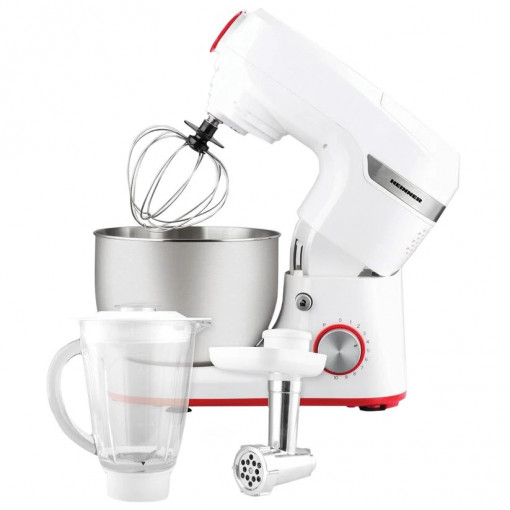 Robot de bucatarie, Heinner HPM-1000WH, 1000W, miscare planetara, accesoriu masina de tocat si blender, bol 5.5 L, 10 viteze + pulse, Alb