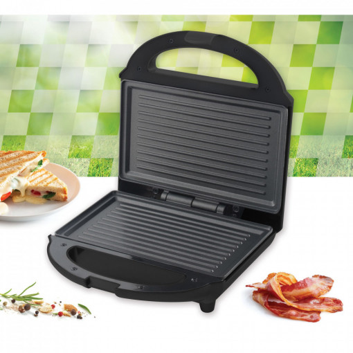 Sandwich maker Heinner SM-H700BK, 700 W, placi antiadezive fixe tip grill, Negru - Img 2