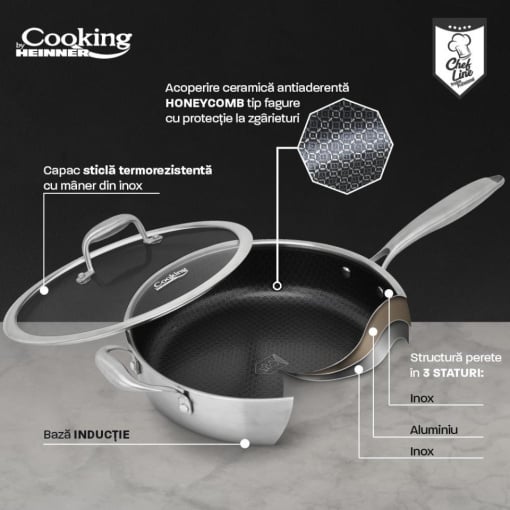 Tigaie adanca cu capac din inox, acoperira ceramica Honeycomb, dimensiune 24x6.5 cm, Heinner Titanium MRK-26C - Img 4
