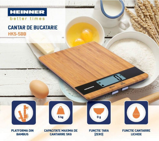 Cantar de bucatarie Heinner Bamboo 5 HKS-5BB, platforma din bambus, capacitate 5 kg, functie cantarire lichide, Maro - Img 2