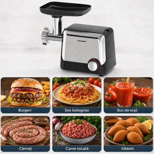Masina de tocat Heinner DualSteel HMG-2100BKS3, 2100W, 1.8 kg/min, 2 viteze + Reverse, accesoriu rosii, accesorii kibbe si carnati - Img 7