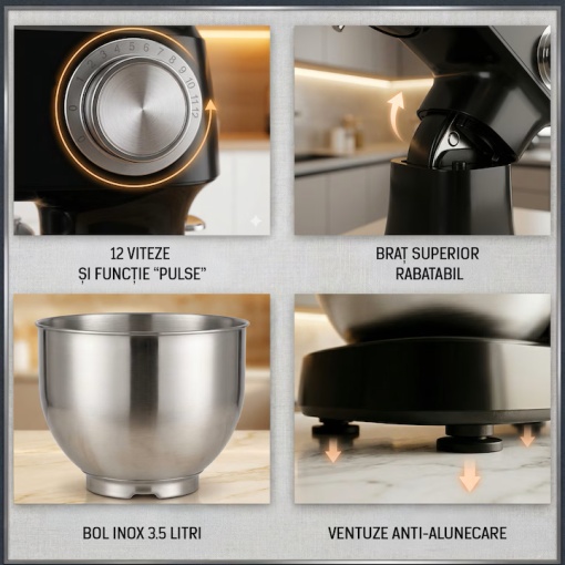 Mixer planetar cu bol Heinner HPM-D750BK, 600W, 12 viteze, bol inox 3.5L, accesorii tel, paleta si carlig, negru - Img 3