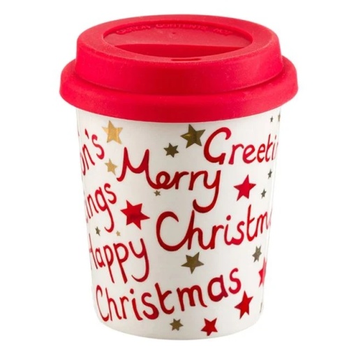 Pahar ceramic de Craciun, dimensiune 9x9.5 cm, capacitate 250 ml, capac silicon, Merry Christmas - Img 1