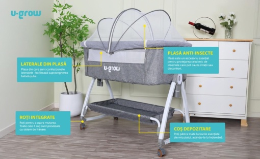 Patut 2 in 1 Co-Sleeper cu functie de leagan, U-Grow - Img 5