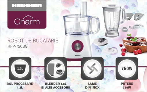 Robot de bucatarie, Heinner Charm HFP-750BG, 750 W, Bol 1.2 L, Blender 1.8 L, 4 discuri - Img 4