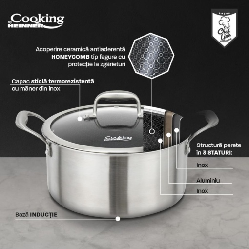 Semioala din inox cu capac, dimensiune 20x10 cm, 2.8l, acoperire ceramica HONEYCOMB, Heinner Titanium MRK-20 - Img 4