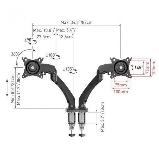 Suport dublu pentru monitor, pneumatic BARKAN M142P plat sau curbat de 13&quot; - 29&quot;, 5 miscari - Img 2