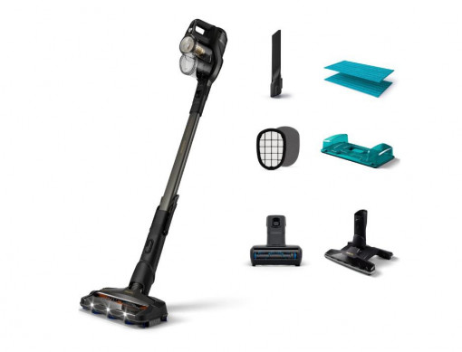 Aspirator vertical 3-in-1 Philips XC8347 cu mop integrat, seria 8000 Aqua + , 21.9 kWh/an, tehnologia PowerCyclone 10, cap de aspirare cu putere dubla, cap de aspirare cu LED, baterie de 25.2V, pana la 80 min de functionare*, negru/gri