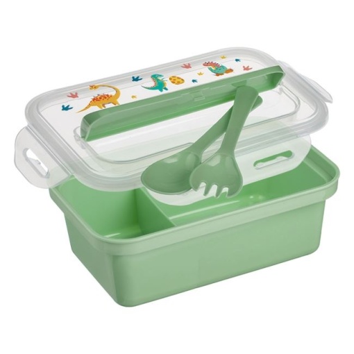 Caserola alimentara compartimentata pentru copii, dimensiune 18.5x12.5x8.5 cm, capacitate 650 ml, tacamuri din plastic, Dinozaur - Img 1