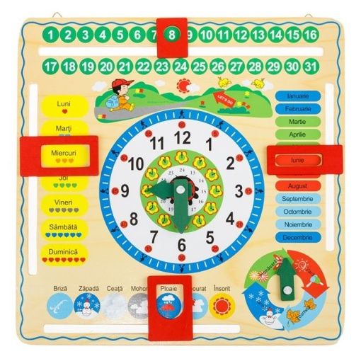 Ceas educativ cu calendar din lemn pentru copii, dimensiune 30 x 30 cm, Multicolor
