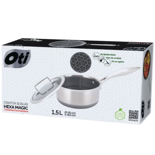 Cratia otel cu coada si capac, dimensiune 16x8.5 cm, 1.5 l, acoperire antiaderenta rezistenta la zgarieturi, Oti HEXA MAGIC - Img 2