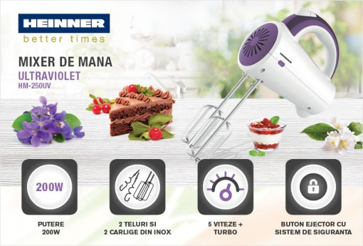 Mixer de mana Heinner HM-250UV, 200 W, 5 viteze, accesorii inox, Violet - Img 2