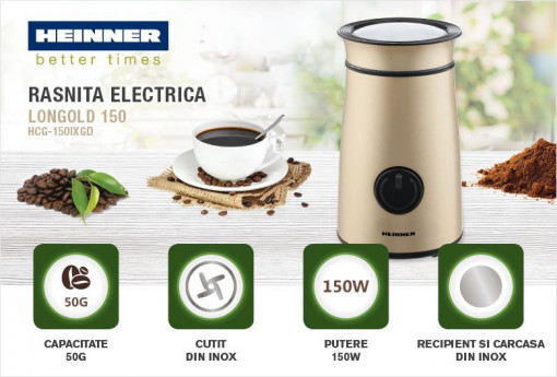 Rasnita electrica Heinner HCG-150IXGD, 150 W, capacitate 50g, carcasa inox, Auriu - Img 3